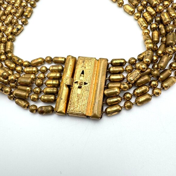 Vintage 7 Multi-Strand Gold-Tone Beaded Necklace With Intricate Clasp 16" - Picture 5 of 8